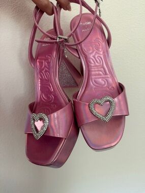 Aldo Pink Iridescent Platform Sandals with Rhinestone Heart Accents